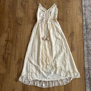 Amazon Cream Lace Dress Size XL | High Low Hem | Boho Midi | Tassel Detail